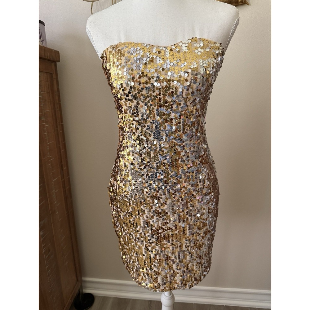 Frederick's of Hollywood Gold Silver Sequin Strapless Bodycon Dress Small